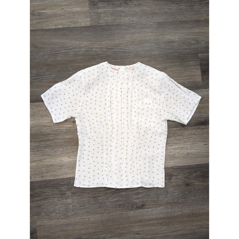 VTG 80s Tess Short Sleeve Pleated Button Back Ivory Beige Spot Blouse Womens 6p